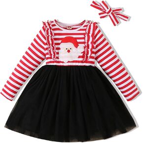 Toddler Baby Girls Christmas Dress Long Sleeve Fall Winter Dress Santa Claus Tulle Tutu Xmas Dress with Headband