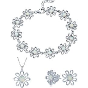 Delicate Floral Flower Created White Opal Multi Charm Link Daisy Bracelet Anklet Bundle with Necklace and Earrings For Women Teens .925 Silver October Birthstone Adjustable 7.5-9 inch (3 items)