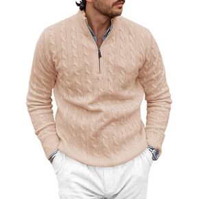 Runcati Mens Quarter-Zip Pullover Sweater Cable Knitted Stand Collar Winter Casual Warm Twisted Knitwear Sweaters