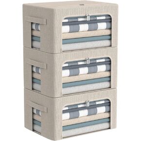 3Pack Foldable Storage Bins - Frame Storage Box Linen Fabric Stackable Clothes Container Organizer with Clear Window & Carry Handles Large Capacity (Large-66L, Light Grey)