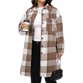 NIeyook Womens Plus Size Shacket Jacket 2024 Fall Plaid Flannel Button Down Shirts Long Sleeve Tartan Jackets Coats