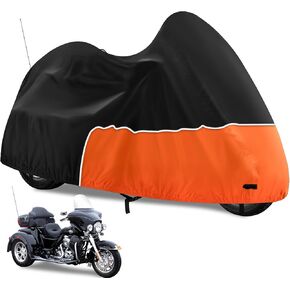 Trike Cover, Waterproof Internal Composite Cotton 3 Wheel Motorcycle Cover for Harley Davidson, Honda Goldwing, Kawasaki Trike Accessories, with Windproof Buckle, Reflective Strap, Black&Orange