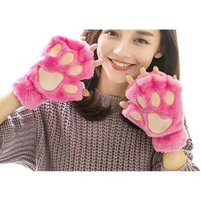 Furry Cat Paw Gloves Winter Fluffy Plush Fingerless Mittens for Women & Teen Girls Cute Cartoon Kawaii Accessories