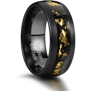 Men's 8mm Black/Gold Tungsten Carbide Wedding Ring Nebula Galaxy Wedding Promise Gold Foil Inlay Real Meteorite Matte Bevel Comfort Fit