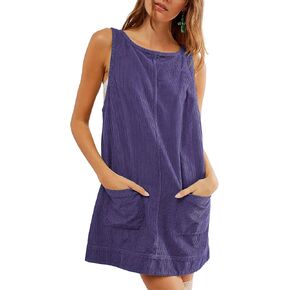 Hooever Women's Corduroy Overall Dress Round Neck A Line Skirtall Jumper Mini Dress Pinafore with Pockets