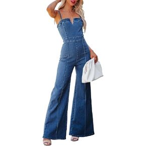 Sexyshine Women's Denim Jumpsuit Spaghetti Straps Sleeveless V Neck Wide Leg Flared Full Length Jeans Rompers Overalls