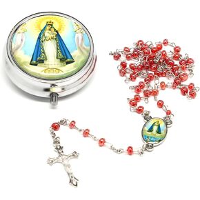 قلادة مسبحة المدينة الكاثوليكية مع قطعة مركزية سيدة الأعمال الخيرية "Virgen de la Caridad del Cobre"، وصليب متقاطع وصندوق معدني (متوفر بالألوان الأحمر والأبيض والأصفر)