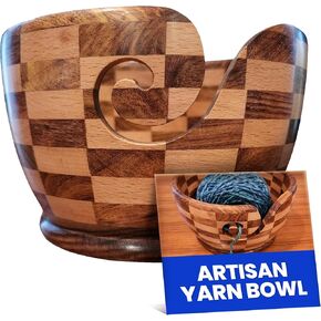 Artisan Yarn Bowl - Round Yarn Bowl for Crocheting & Knitting, Large Wooden Dispenser, Yarn Holder, Storage & Organizer, Wide & Deep for Any Size, Skein, Cakes & Wool Balls - Multi-Wood