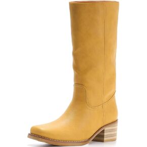 Women's Square Toe Boots Comfortable Chunky Block Heel Casual Boots Mid Calf Riding Boots