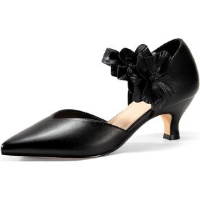 Coutgo Womens Low Kitten Heels Closed Pointed Toe Flower Ankle Strap Slip on Pumps Elegant Party Wedding Dress Shoes