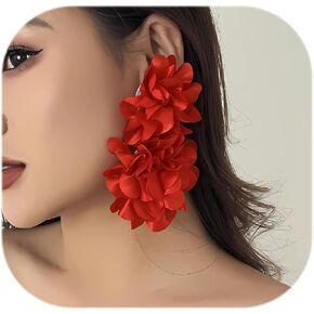 Big Flower Drop Earrings for Women Long Fabric Floral Dangle Earrings Bohemian Exaggerated Statement Satin Flower Earrings Hypoallergenic Summer 3D Fashion Jewelry Gifts