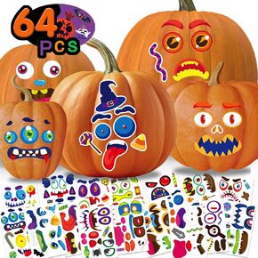 64 Pack Halloween Pumpkin Decorating Kit, Make 64 Funny Face Pumpkin Face Stickers for Kids, Pumpkin Painting Kit, Jack o Lantern Face Stickers Halloween Party Favors Halloween Craft Games Gifts