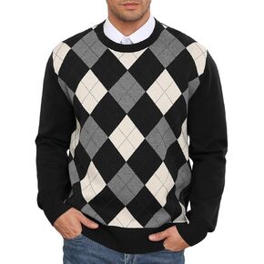 RQP Men's Crewneck Sweater Slim Fit Argyle Pattern Long Sleeve Knit Pullover Sweater for Casual Or Dressy Wear