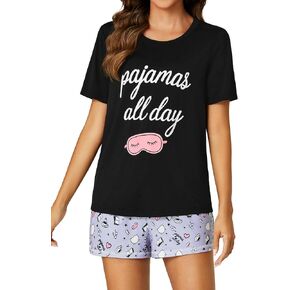 Rooscier Women's Pajama Set Short Sleeve Pjs Round Neck Print Tee With Shorts Sleepwear