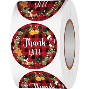 500 Pcs Christmas Thank You Stickers Roll for Small Business, 1.5 Inch Red Winter Holiday Round Label, for Goodie Bags,Gift Favors Box, Cards Decorations, Envelope Seals