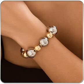 Gold Beaded Bracelet for Women Big Round Ball Beaded Elastic Bracelet Chunky Gold Bracelet Adjustable Stretch Strand Bracelet Fashion Dainty Jewelry Gift for Women