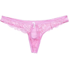 AGJGFM Men's Open Front Hole Lace Sissy Panties Girly Ruffled Knickers Underwear Pink
