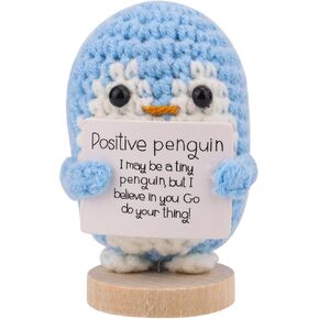 TOYMIS Funny Positive Penguin, Knitted Penguin Blue Support Penguin Cute Handmade Penguin Knitted Toy Doll Ornament with Positive Card Stand for Birthday Friends Encouragement Gift Party Decoration
