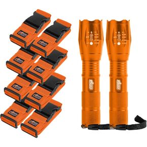 Gorilla Grip Luggage Straps and Tactical Flashlights, Luggage Straps Tightening Belts 8 Pack, Tactical Flashlight Adjustable Mode 2 Pack, Both in Orange, 2 Item Bundle