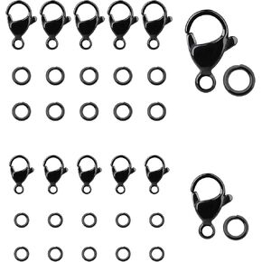 30pcs Black Lobster Claw Clasps with Jump Ring Stainless Steel Clasps Fastener Hook End Chain Clasp Metal Jewelry Clasps for Making Necklaces Bracelets
