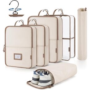 BAGSMART Hanging Packing Cubes for Travel, 6 Set Clear Waterproof Packing Cubes for Suitcases, Storage Organizer for Hanging Closet with Zipper, Handles and Hook White Opal
