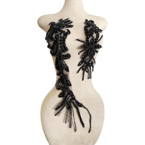 Pure Handmade Beaded Crystal Patches Bodice Lace DIY Applique Patches Accessory for Dress Clothes 2PCS/Set 24.4X5.9inches (Black) in Kuwait