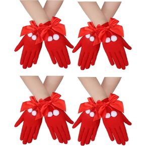 Jiuguva 4 Pairs Christmas Red Gloves Santa Bowknot Gloves Women's Stretch Gloves Costume Accessories for Christmas Cosplay Parties