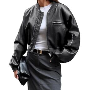 Cicy Bell Womens Faux Leather Bomber Jackets Baseball Collar Zip Up Cropped Biker Coat with Pockets