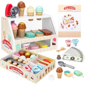 Wooden Ice Cream Toys for Kids Ice Cream Counter Shop for Toddlers Pretend Play Food Scoop and Serve with Scoop & Menu & Fake Money for Boys and Girls Ages 3 4 5 6.