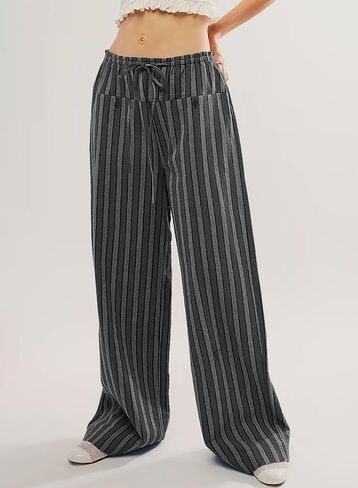 Acelitt Women Casual Drawstring Elastic Waist Loose Wide Leg Striped Pants with Pockets, S-XXL in Saudi Arabia