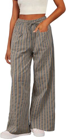 Acelitt Women Casual Drawstring Elastic Waist Loose Wide Leg Striped Pants with Pockets, S-XXL in Saudi Arabia