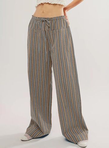 Acelitt Women Casual Drawstring Elastic Waist Loose Wide Leg Striped Pants with Pockets, S-XXL in Saudi Arabia