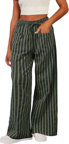 Acelitt Women Casual Drawstring Elastic Waist Loose Wide Leg Striped Pants with Pockets, S-XXL in Saudi Arabia