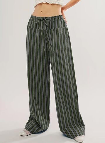 Acelitt Women Casual Drawstring Elastic Waist Loose Wide Leg Striped Pants with Pockets, S-XXL in Saudi Arabia