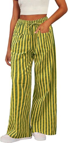 Acelitt Women Casual Drawstring Elastic Waist Loose Wide Leg Striped Pants with Pockets, S-XXL in Saudi Arabia