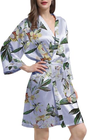 Womens Satin Kimono Robe Silk Robes Floral Bathrobe Bride Bridesmaid Wedding Silky Bridal Dressing Gown Loungewear in Kuwait