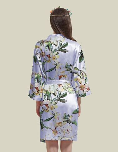 Womens Satin Kimono Robe Silk Robes Floral Bathrobe Bride Bridesmaid Wedding Silky Bridal Dressing Gown Loungewear in Kuwait