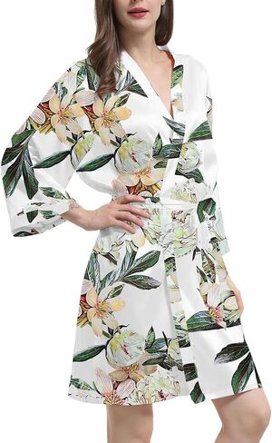 Womens Satin Kimono Robe Silk Robes Floral Bathrobe Bride Bridesmaid Wedding Silky Bridal Dressing Gown Loungewear in Kuwait