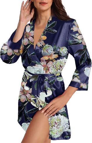Womens Satin Kimono Robe Silk Robes Floral Bathrobe Bride Bridesmaid Wedding Silky Bridal Dressing Gown Loungewear in Kuwait