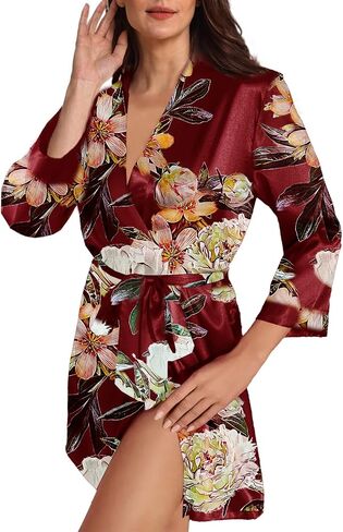 Womens Satin Kimono Robe Silk Robes Floral Bathrobe Bride Bridesmaid Wedding Silky Bridal Dressing Gown Loungewear in Kuwait