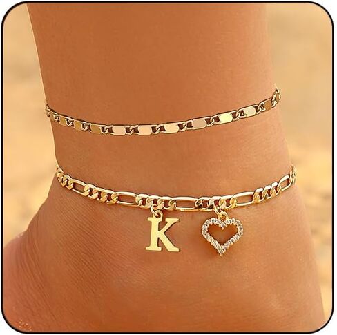 Initial Ankle Bracelets for Women Waterproof 14K Gold Plated Dainty Layered Figaro Chain Letter Initial CZ Heart Ankle Bracelets Set Summer Beach Jewelry for Women in Saudi Arabia