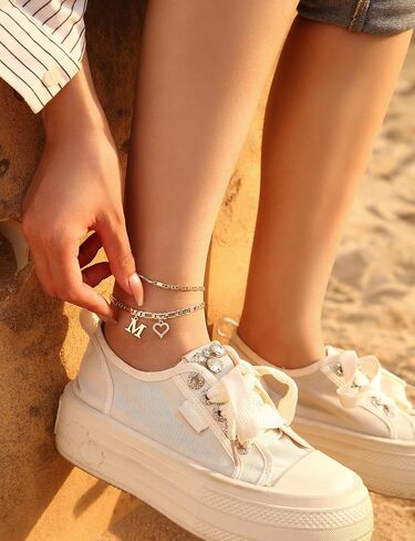 Initial Ankle Bracelets for Women Waterproof 14K Gold Plated Dainty Layered Figaro Chain Letter Initial CZ Heart Ankle Bracelets Set Summer Beach Jewelry for Women in Saudi Arabia
