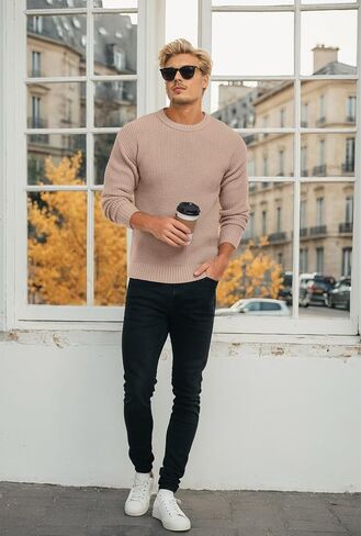 Askdeer Men's Pullover Sweater Waffle Textured Long Sleeve Knit Crewneck Casual Sweater in Saudi Arabia