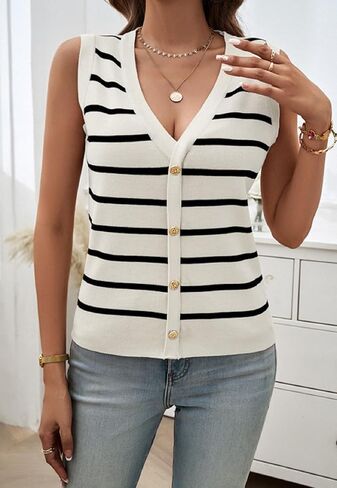 Women's Sleeveless Knit Sweater Vest 2024 Fall Trendy Striped V Neck Tank Tops Button Front Cropped Vests in Kuwait