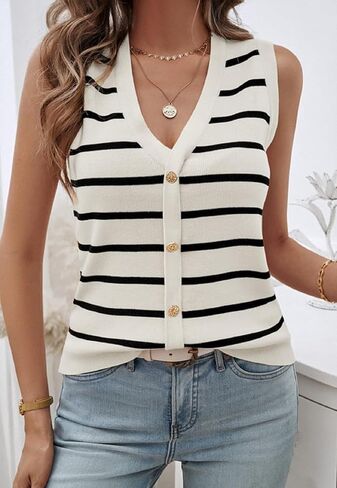 Women's Sleeveless Knit Sweater Vest 2024 Fall Trendy Striped V Neck Tank Tops Button Front Cropped Vests in Kuwait