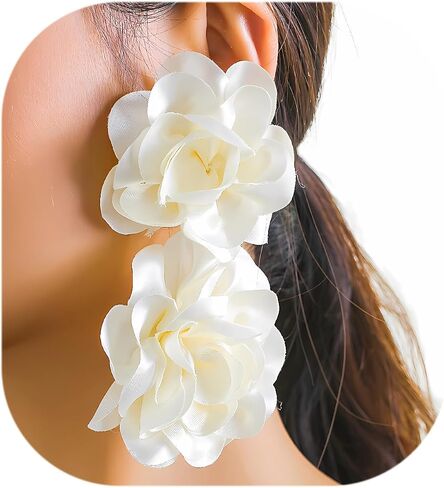 Big Flower Drop Earrings for Women Long Fabric Floral Dangle Earrings Bohemian Exaggerated Statement Satin Flower Earrings Hypoallergenic Summer 3D Fashion Jewelry Gifts in Saudi Arabia