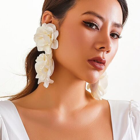 Big Flower Drop Earrings for Women Long Fabric Floral Dangle Earrings Bohemian Exaggerated Statement Satin Flower Earrings Hypoallergenic Summer 3D Fashion Jewelry Gifts in Saudi Arabia