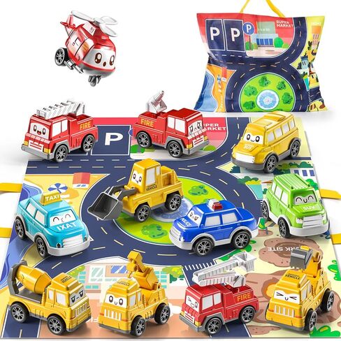 TEMI Toddler Pull Back Car Toys for 1 2 3 Year Old Boy Girl, 12 Pieces Baby Toy Cars with Play Mat/Storage Bag, Baby Toys 12-18 Months, Birthday Gifts for Toddler Toys Age 1-2 in Kuwait