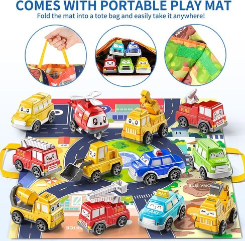 TEMI Toddler Pull Back Car Toys for 1 2 3 Year Old Boy Girl, 12 Pieces Baby Toy Cars with Play Mat/Storage Bag, Baby Toys 12-18 Months, Birthday Gifts for Toddler Toys Age 1-2 in Kuwait