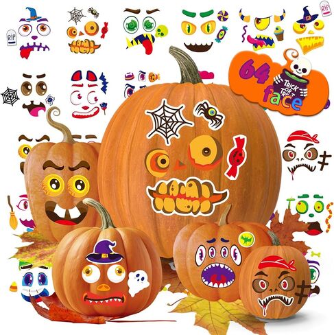 64 Pack Halloween Pumpkin Decorating Kit, Make 64 Funny Face Pumpkin Face Stickers for Kids, Pumpkin Painting Kit, Jack o Lantern Face Stickers Halloween Party Favors Halloween Craft Games Gifts in Kuwait